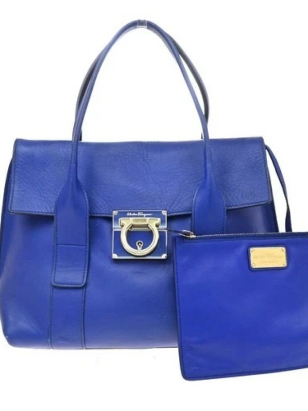 Salvatore Ferragamo Gancini Shoulder Bag Leather Blue Gold Italy 37SA211